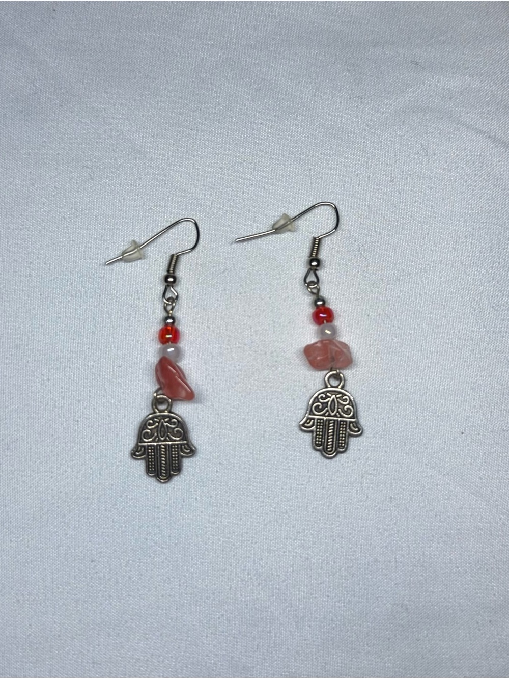 Silver Hamsa Dangle Earrings with Pink Beads
